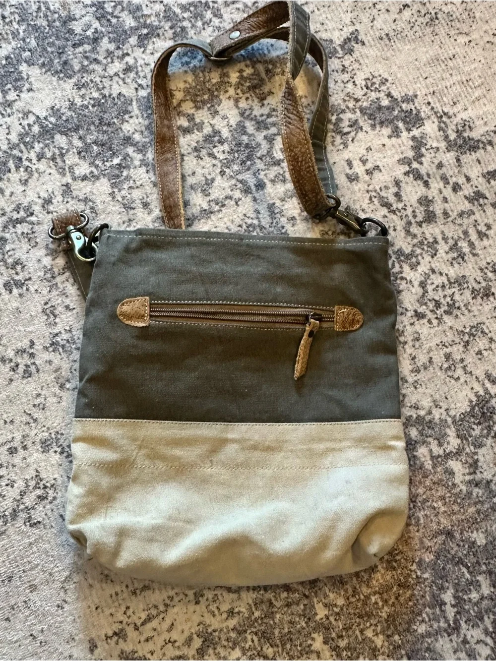 EUC Myra Bags Leather Pocket Upcycled Canvas Shoulder Bag